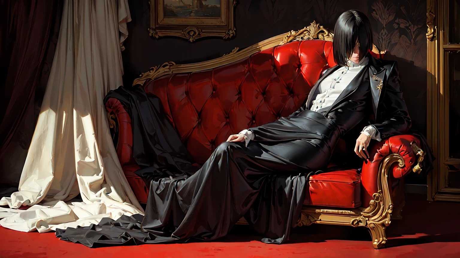 (Masterpiece, Best Quality, Ultra High Resolution , Digital Art,Beautiful and Aesthetic )Perfect proportions of the body especially the hands , not an ordinary perspective . .the whole body is covered by clothes. (strict posture , One Fashionable adult girl with a short oblique bob, slender figure, expressive and dominating look ) in modern men's suit in youth style , matte black color , lovely thin white but long tie , (silk thick threads of red color connect the necklines on the sides of the whole suit) , . The character sits on a large massive sofa with lots of leather and metal patterns on it in vintage style , an interesting and atmospheric pose that characterizes the character ,(Photorealistic style combined 2.5D . Realistic picture , realistic anatomy , beautiful perspective . Best image quality , depth , pastel color , Natural shading , focus on the face , Big Hair ( black with red gelding ) , well detailed eyes , detailed background in modern boudoir style . )