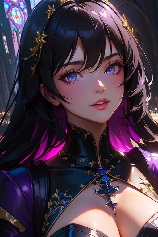 a close up of a woman in a black and purple outfit, thick, commission for high resolution, inside an abandoned cathedral, 极其详细的Artgerm, cassandra cain in satin, highly detailed exquisite fanart, Ilya Kuvshinov. 4K, pose sexy, High-quality, detailed artwork in 8K, 8k art german bokeh, portrait of Ravenna, fofosexyrobutts