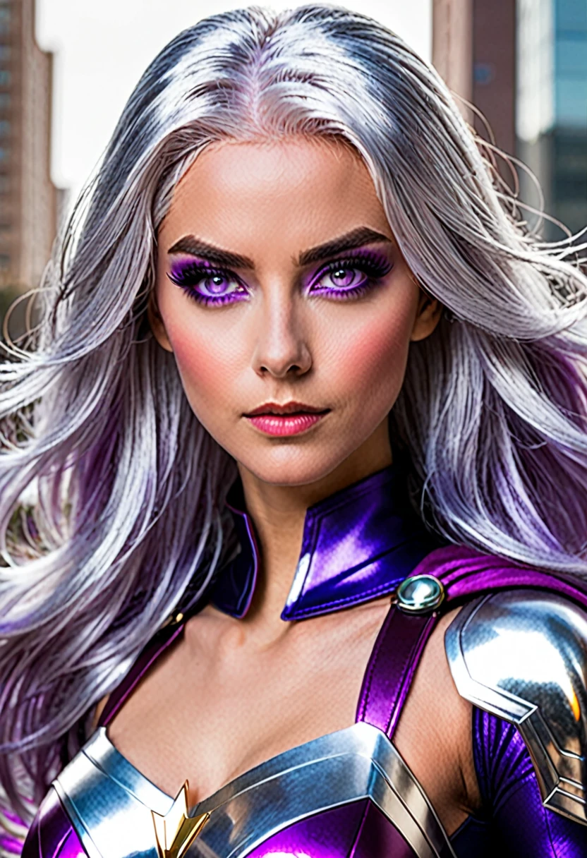 Super heroine with silver hair and violet eyes.