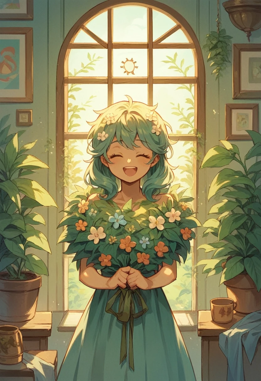 A woman in a cozy room, decorated with plants, is standing with his hands raised, in a moment of happy prayer and gratitude to God. Your face expresses serenity and joy."