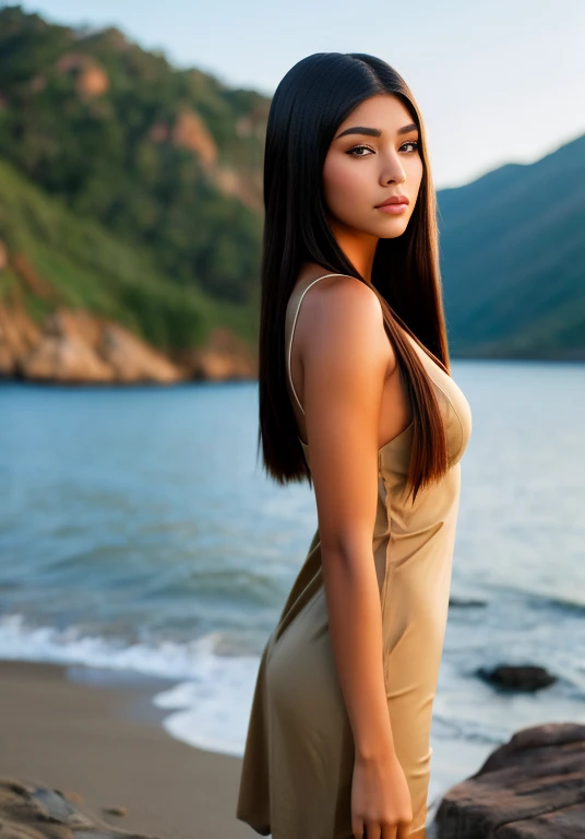 (Masterpiece:1.2, Best Quality), 1 girl, Spanish, 38 years, Delgado, slender, adjust shoulders and arms, Brown eyes, sharp eyes, Little mom, Leaning forward, in front of the viewer, dress, strappy sandals, blouse down, messy black hair, nature, serene spaces, on a stone, with Barcelona in the background, sacred Family, thin face, beautiful fingers,