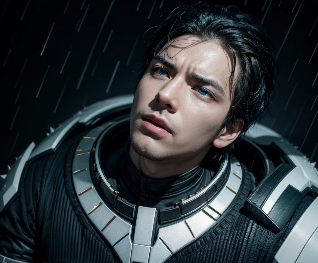 Man looking up with a serious expression as rain falls on his face, spiky black hair, tight blue shirt, futuristic white armor with gold details.