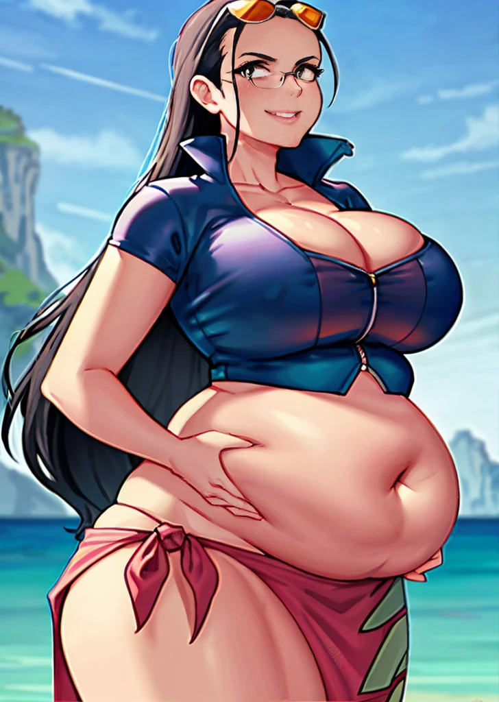 arte de kipteitei, 1 girl, Nico Robin, aquamarine eyes, black fur, old, neckline, Closed mouth, collared Jacket, cowboy shot, crop top, cropped Jacket, extra hands, glasses on top of head, slicked back hair, hand up, long neck, Jacket, massive old, wide, looking at the viewer, diaphragm, huge belly, massive thighs, , belly button, nece, pose, sarong, short sleeves, SMILE, Alone, standing , stomach, Sunglasses, very wide, outdoor, mar, mouths, insulting whitewear, gorda, 200kg (Best Quality, Masterpiece, 4k, 8k)