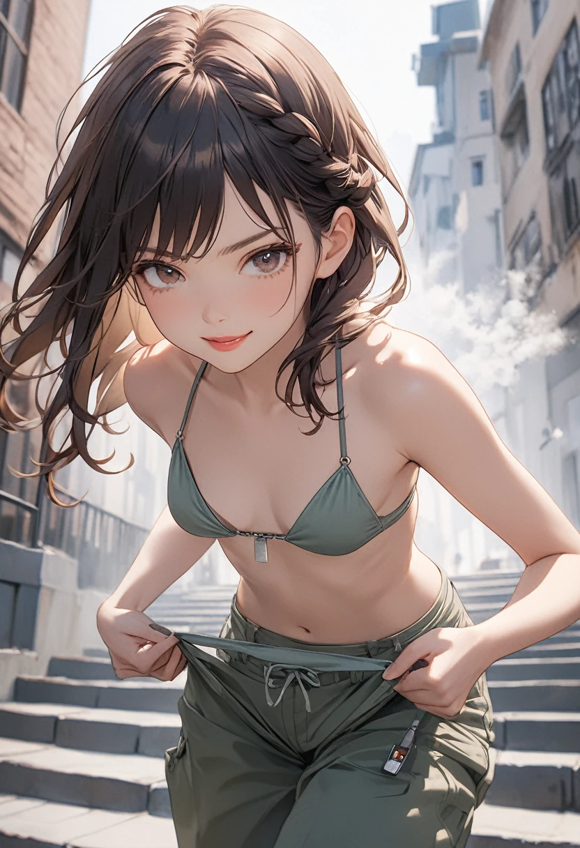 ((Masterpiece)), ((best quality)), (Anime:1.5), (RAW photo:1.2),(High Definition:1.3), (Professional Photography:1.2), (sharp focus), (perfect light),1girl, (smug), (Glossy lips), upper body, looking at viewer, (loose bikini top), O-ring, braid, ((Lift up loose pants with hands)), dogtag, pale brown hair, small breast, cute hips, (mist effect:1.3), (on the steps of a building),(super detail:1.2),