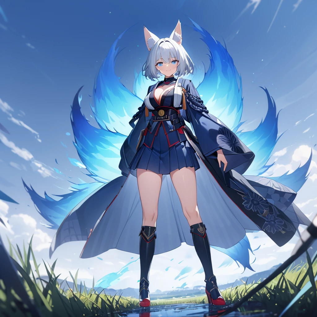 A woman wearing navy blue samurai clothing, black boots, Japanese aesthetics, red heels, blue eyes, white hair, short hair, kitsune ear, kitsune tail, multi tail, blue flames around, in an open field, blue flames. smiling, big breasts. UHD, prime work, accurate, anatomically correct, textured skin, super details, high quality, best quality, 8k, high resolution, bokeh effect. (woman alone)
