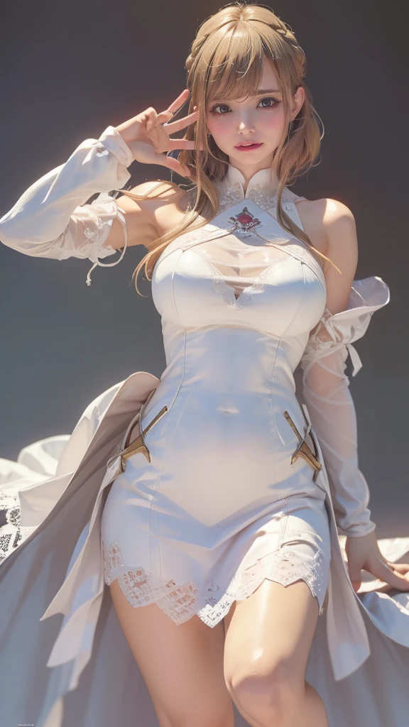 (dynamic fighting pose),(leather boots,(asymmetrical mecha armor),(long embroidered white lace dress,see through,lift up the hem of the dress)),(random hairstyle),(Thin type:1.5),(large breasts:1.5),(Highest image quality,(8K), Ultra-realistic, Best Quality, High quality, High Definition, high quality texture, high detailing, Beautiful detailed, fine detailed, extremely details CG, Detailed texture, realistic representation of face, masterpiece, presence)