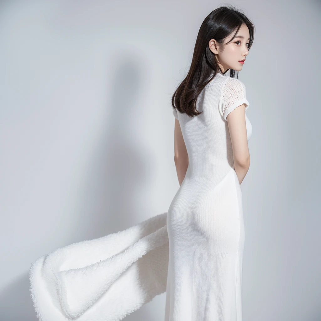 Looking back。woman. Wearing a white knitted dress。Background is white。