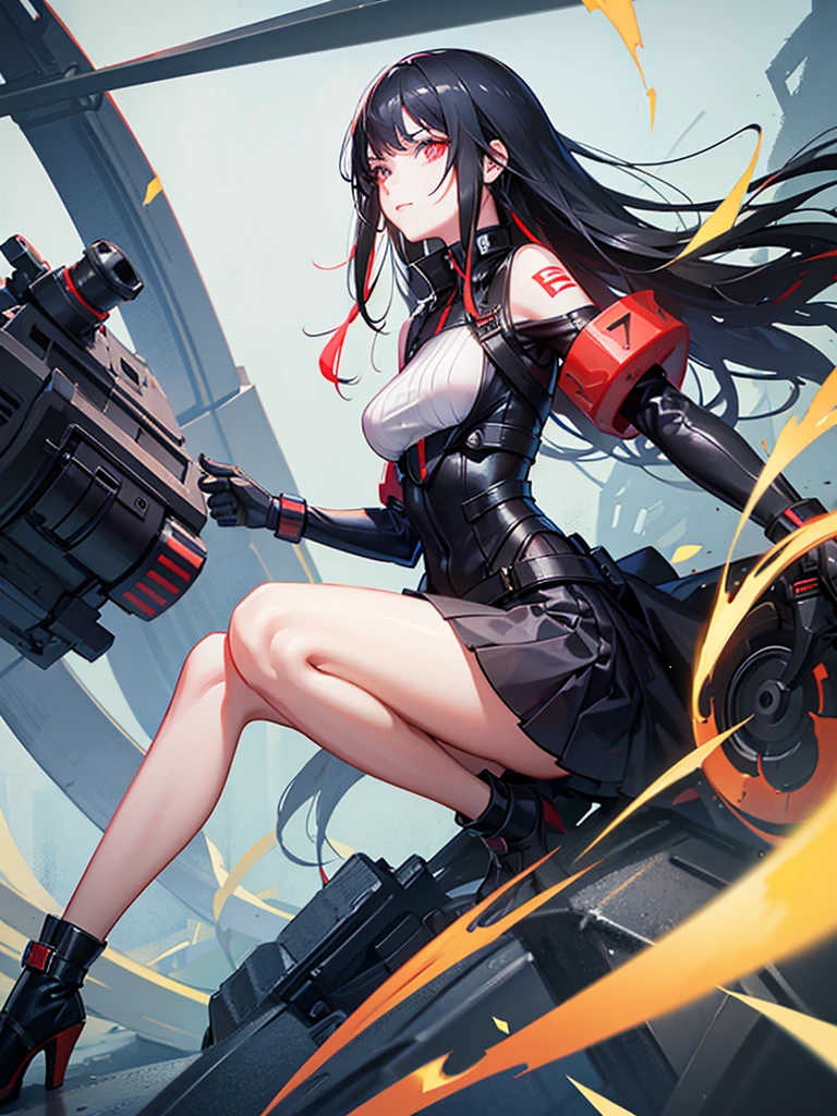 futuristic girl with long black hair with bright red highlights aged 18 and determined expression