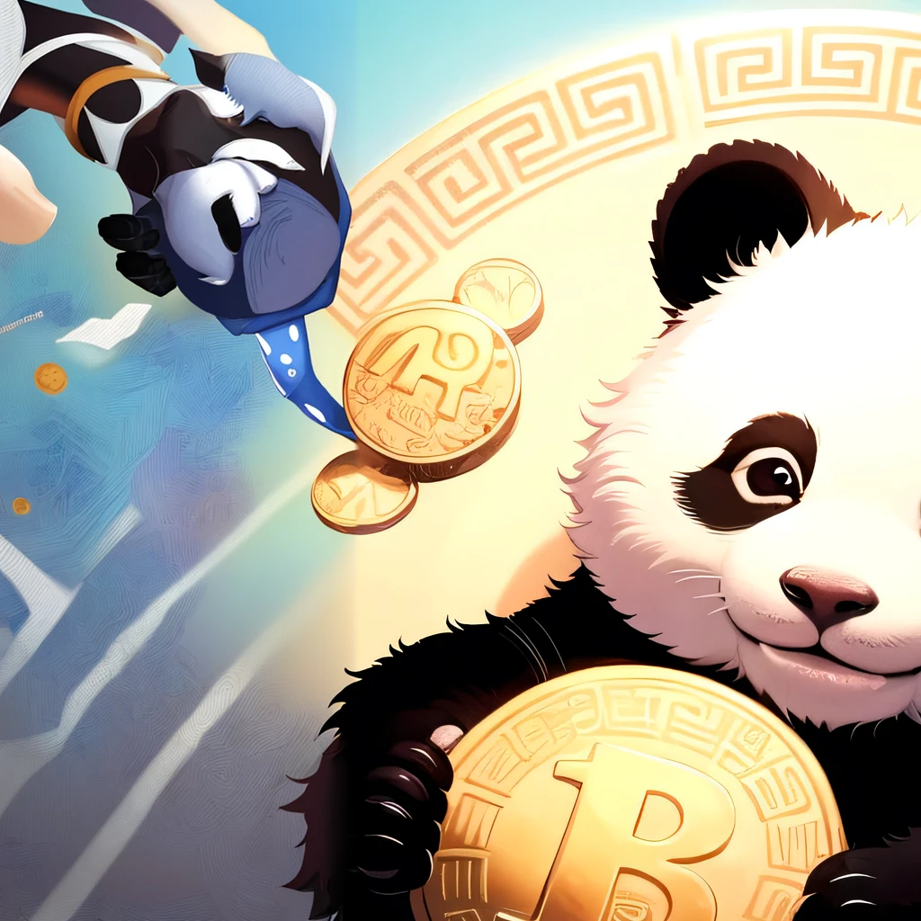 panda bear holding a coin on a plate with blue background, Satoshi, just kidding, panda, bitcoins, panda panda panda, crypto, cryptocurrency, cute panda, adorable digital painting, by Yang J, cute detailed digital art, by Brian Thomas, inspired by Zhu Da, by Luis Miranda, fanart oficial