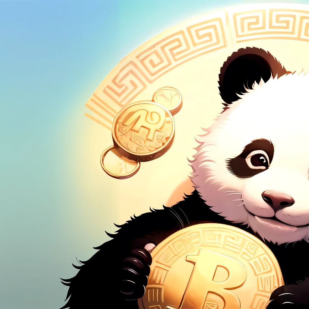 panda bear holding a coin on a plate with blue background, Satoshi, just kidding, panda, bitcoins, panda panda panda, crypto, cryptocurrency, cute panda, adorable digital painting, by Yang J, cute detailed digital art, by Brian Thomas, inspired by Zhu Da, by Luis Miranda, fanart oficial