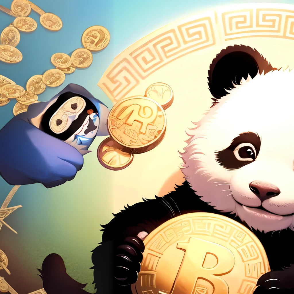 panda bear holding a coin on a plate with blue background, Satoshi, just kidding, panda, bitcoins, panda panda panda, crypto, cryptocurrency, cute panda, adorable digital painting, by Yang J, cute detailed digital art, by Brian Thomas, inspired by Zhu Da, by Luis Miranda, fanart oficial