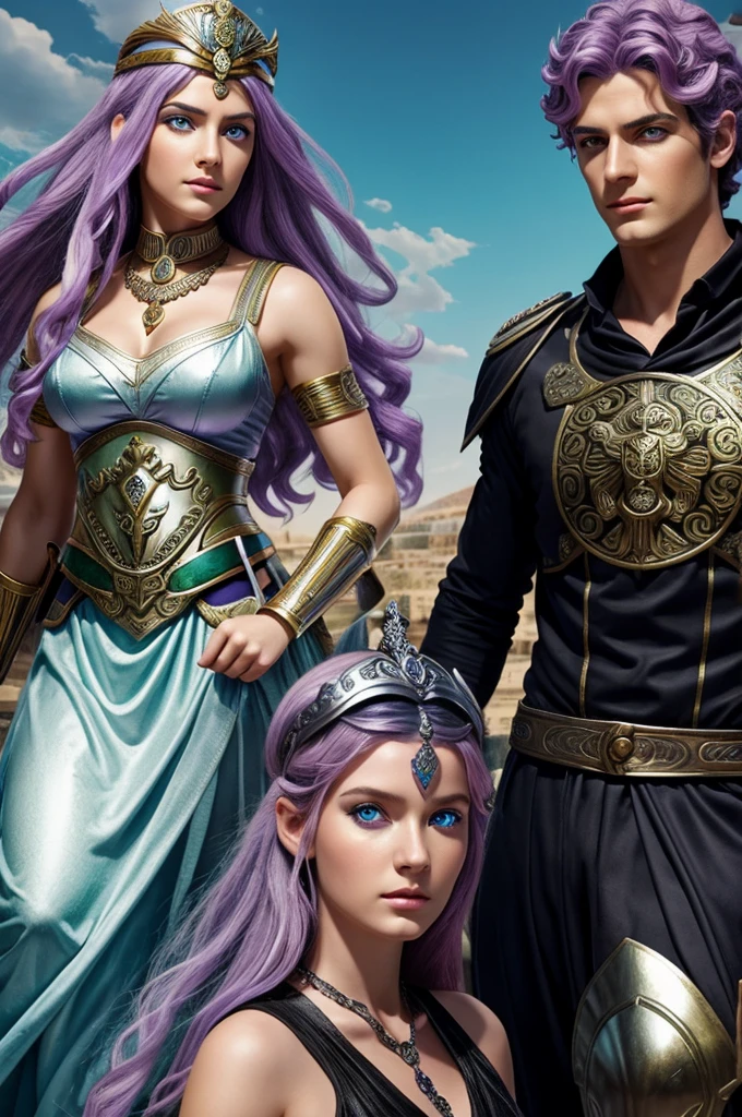 The goddess Athena in human appearance and lilac hair and green eyes and god Hades in young human appearance with black horse and blue eyes