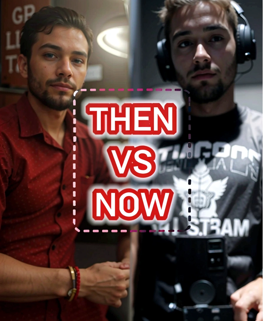 there is a man that is standing next to a man with headphones, written then vs now
