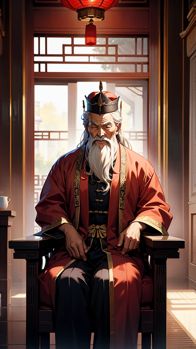 An old Chinese king sitting on a chair in the palace