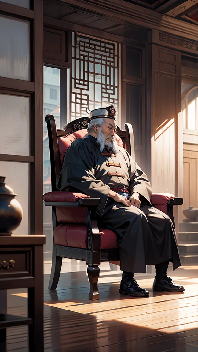 An old Chinese king sitting on a chair in the palace