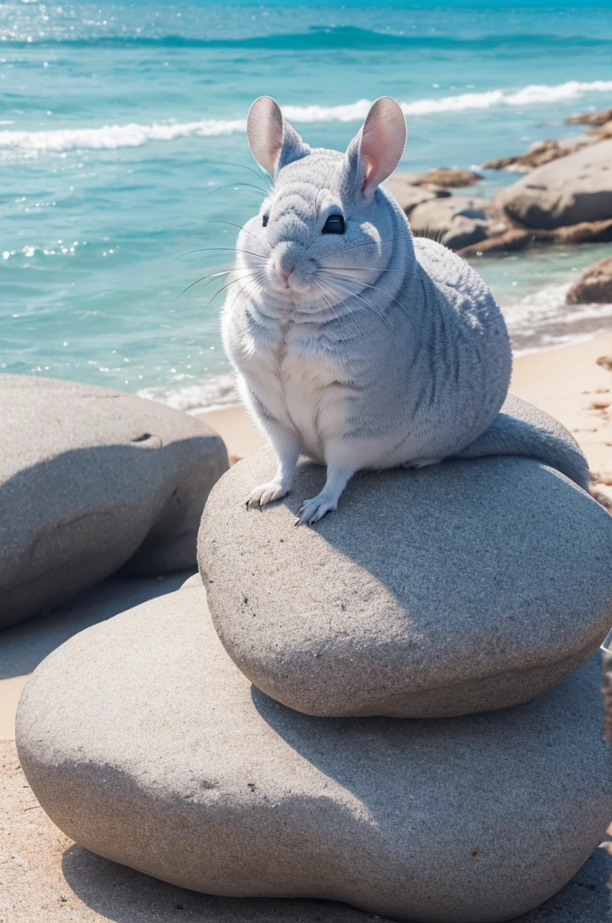 White chinchilla sunbathing on a rock by the sea.