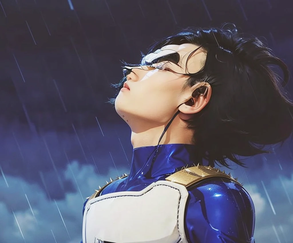 Man looking up with a serious expression as rain falls on his face, spiky black hair, tight blue shirt, futuristic white armor with gold details.