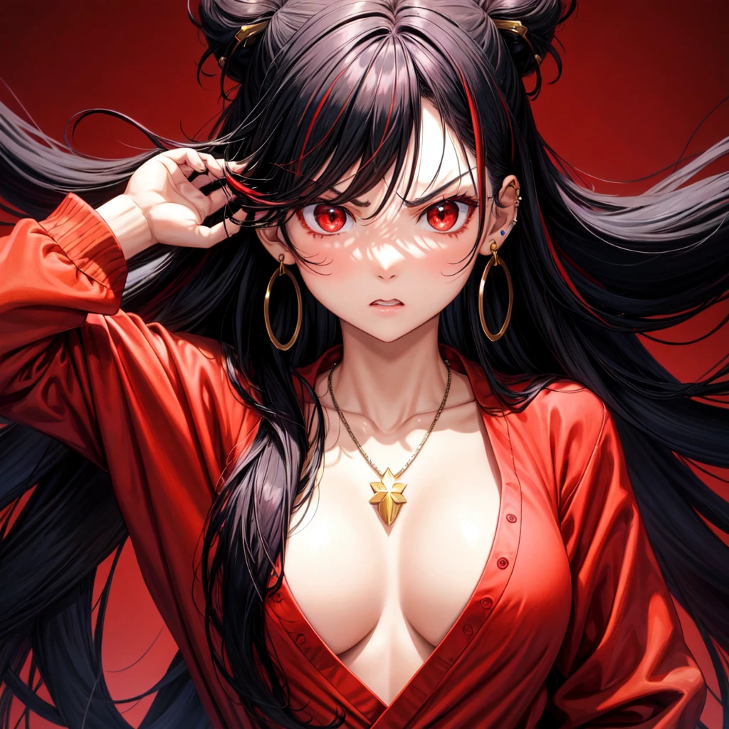 anime panel,upper body, 1girl solo,Korean, black curly hair, with red highlights , red slanted eyes, casual clothes, necklace, ear piercings, room background , angry , looking at the viewer