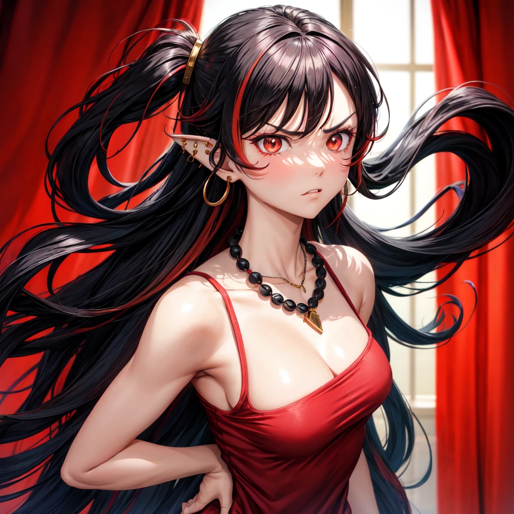 anime panel,upper body, 1girl solo,Korean, black curly hair, with red highlights , red slanted eyes, casual clothes, necklace, ear piercings, room background , angry , looking at the viewer