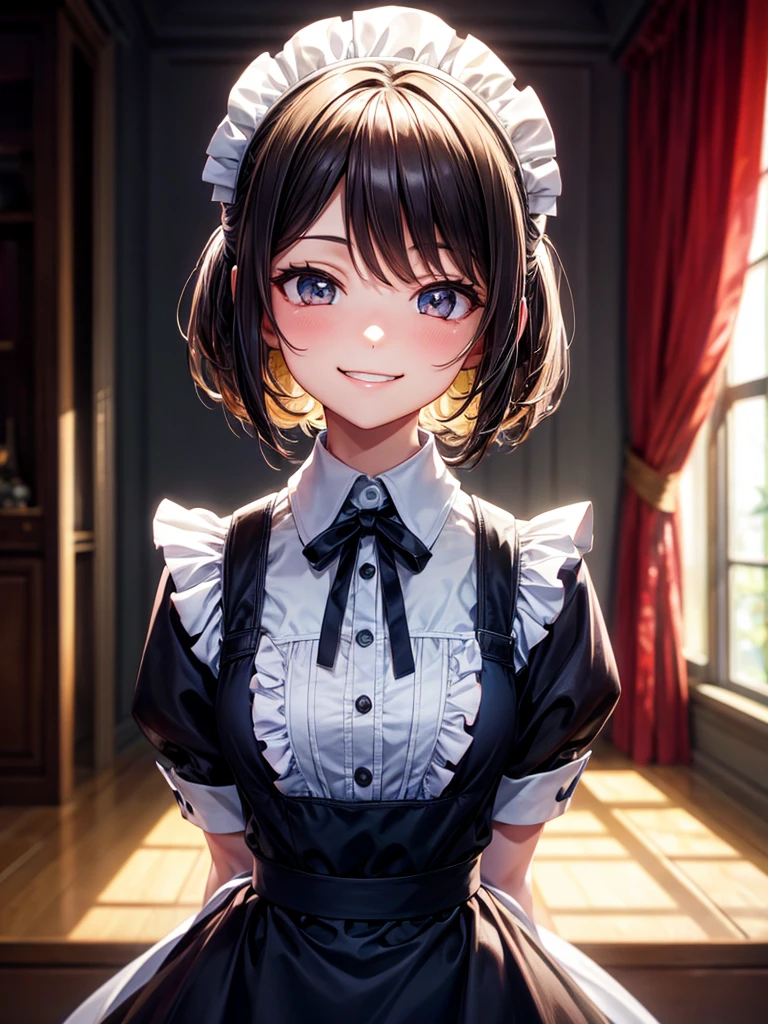 Highest quality,Highest Resolution,Maid,smile,front,looking at the camera,Light shines from behind,