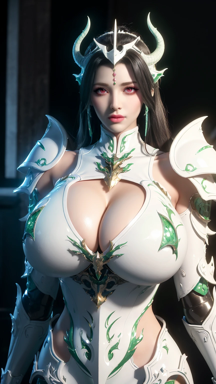 TEKKEN_REINA, CLOSE UP UPPER BODY,SOLO, COWBOY SHOT, ((EVIL DRAGON MECHA HORN)), (GIGANTIC FAKE BREASTS,CLEAVAGE TOP,11 LINE ABS:1.5), ((WEARING OUTFIT MECHA WHITE,GREEN EVIL DRAGON ARMOR:1.5)), (MUSCULAR BODY SHAPE:1.5), (CLEAN GLOSSY BODYSKIN:1.5), (LOOKING AT VIEWER:1.6), (BACKGROUND FUTURISTIC SPACE STATION:1), (PHOTOREALSITIC:1.4), (ULTRA-DETAILLIERT), (TOP-QUALITY), (BEST SHADOWS), BRIGHT LIGHT IN ROOM, HYPER TEXTURE, (4X MSAA), ((UNREAL ENGINE 5 RENDER)), (NEON), PHYSICALLY-BASED RENDERING, ULTRA HIGHT DEFINITION, 16K, 1080P.