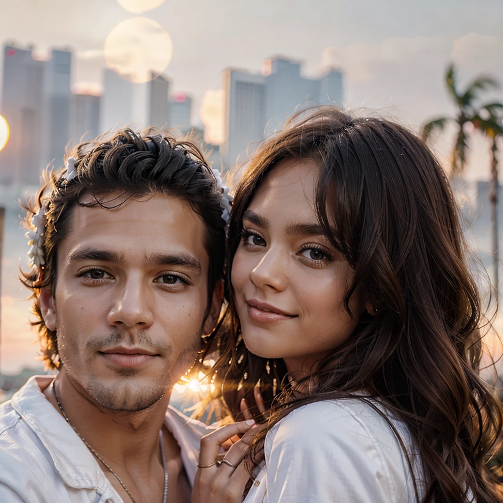 A couple, white clothes, sunset background