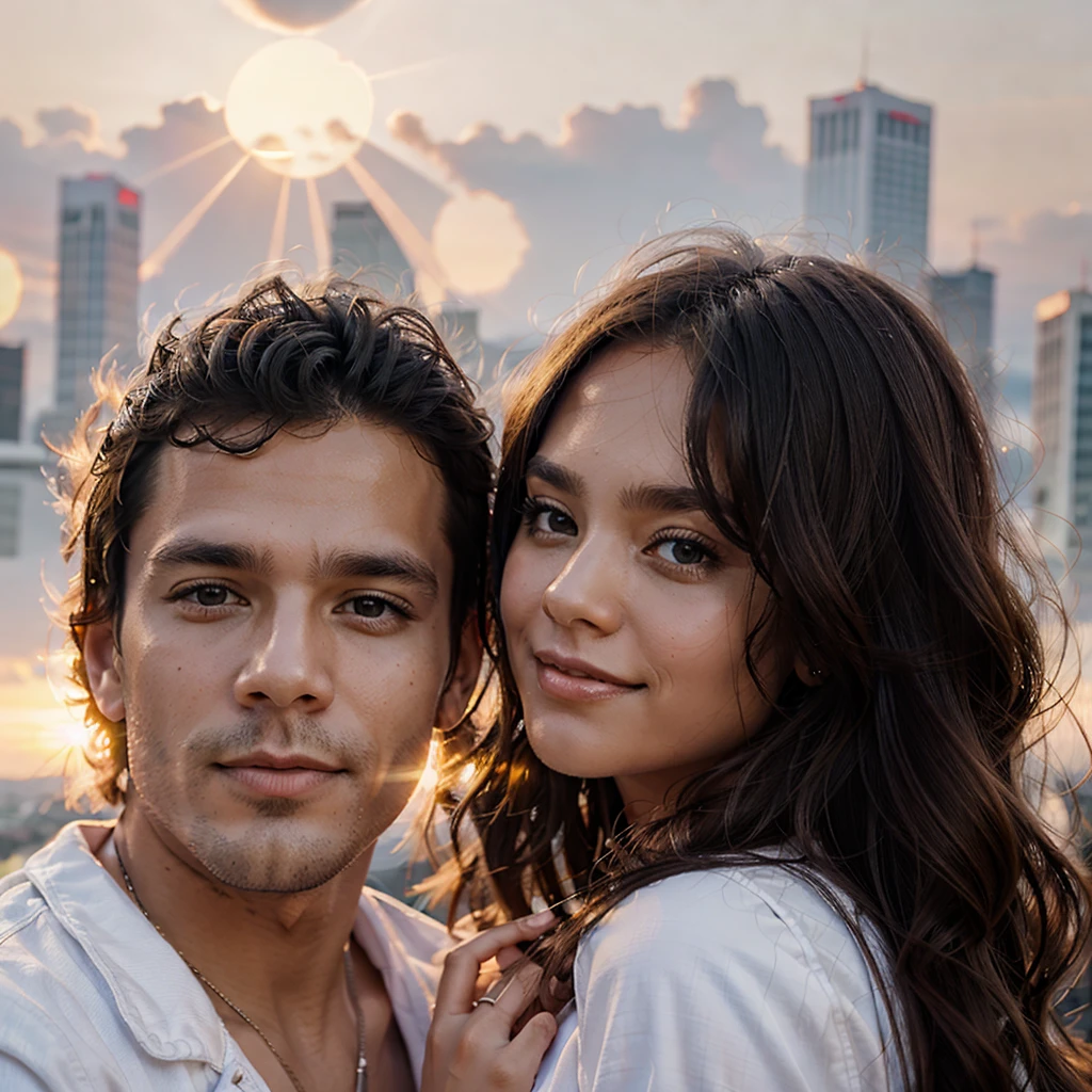 A couple, white clothes, sunset background