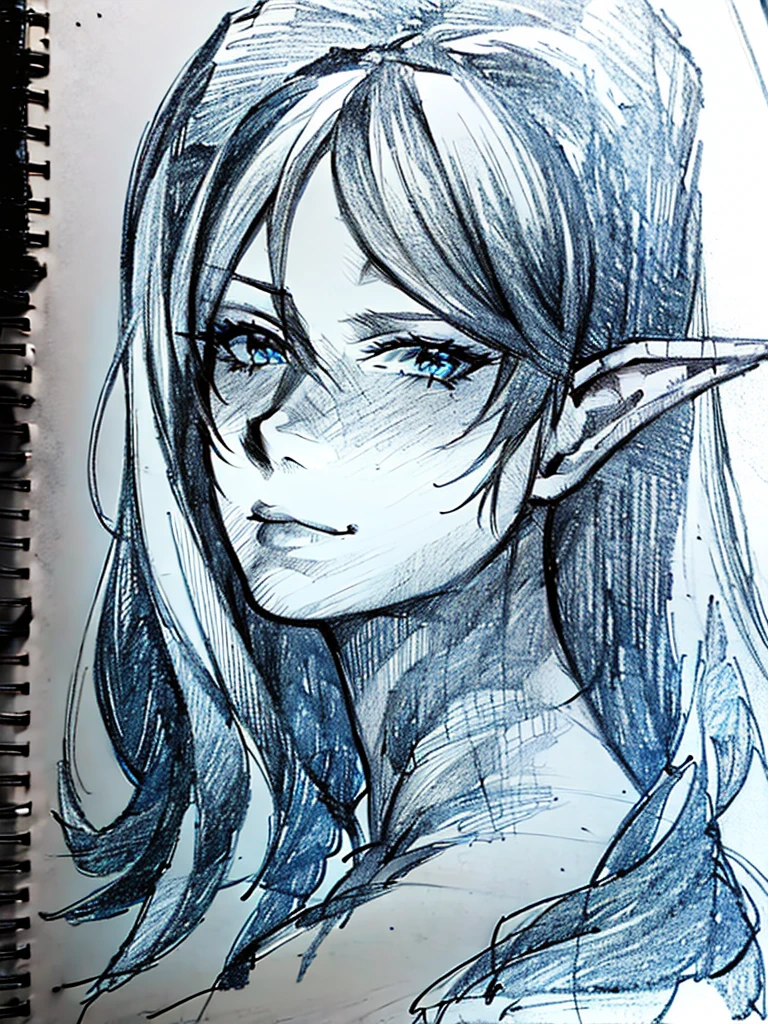 (blue pencil sketch:1.4), blue color, drawning, busty elf