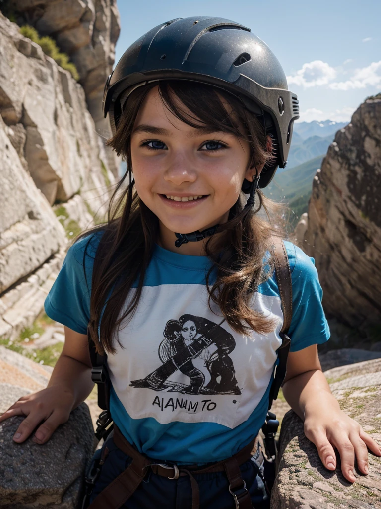 Kids a climbing harness and helmet, climbing on rocky mountains, holding onto the rocks with both hands, smiling with a sincere and pleasant expression, beautiful detailed eyes, long hair escaping from under the helmet in a natural color, photographic quality, 4k, extremely detailed facial features and eyes, high quality, detailed, realistic, warm color tones, "Kowalscy Team" inscription on the t-shirt