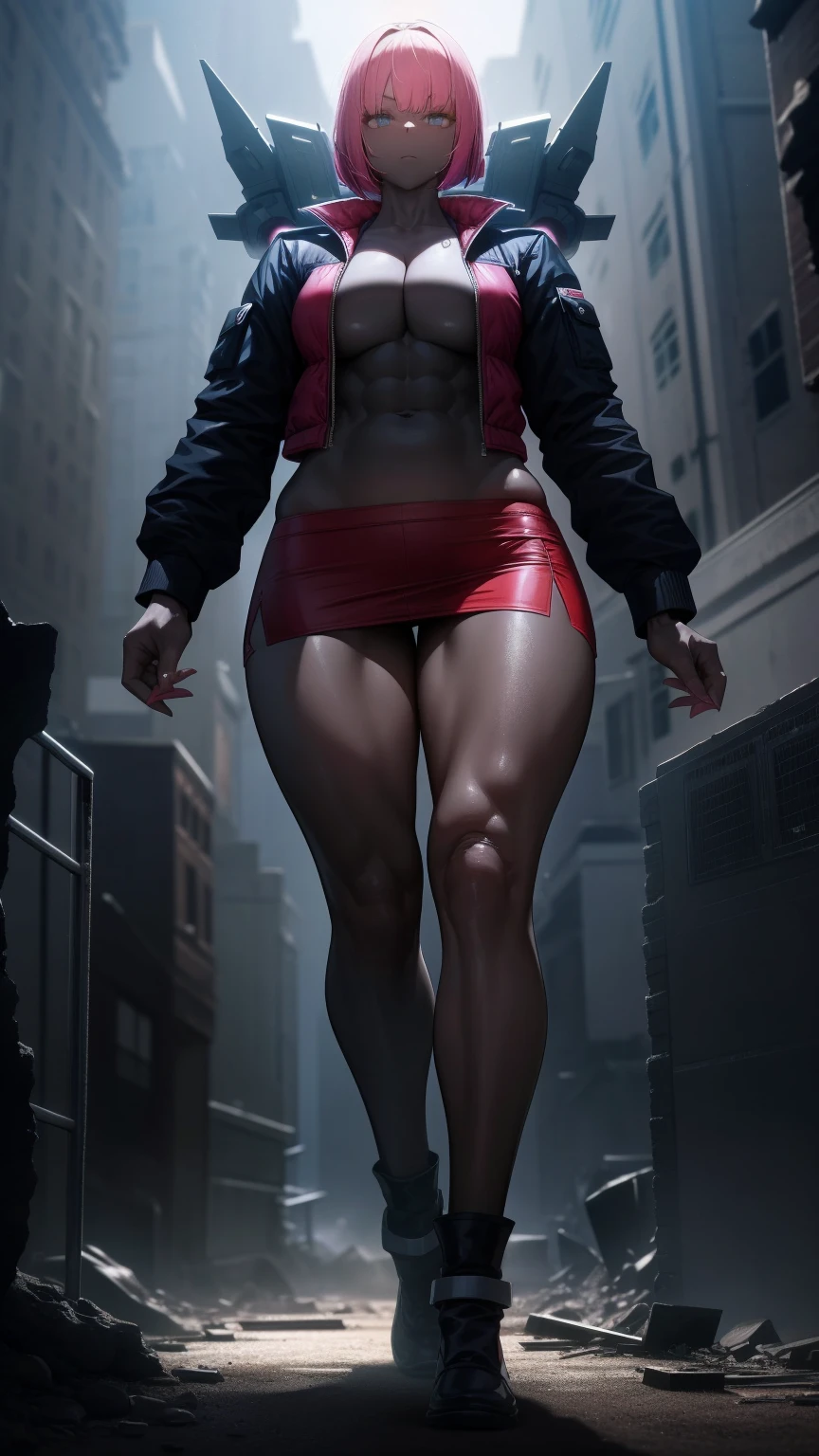 E girl cut hair Bob color pink jacket open mini skirt (((mecha legs Master piece Ultra Quality))), stand pose head on full body , (tall, muscular:1.3), (dark skin, perfect skin:1.8), (medium breasts:1.3),Grt2c(best quality,4k,Alto),serious look, ruiva com olhos azuis,corpo definido,whole body view, em uma pose de luta,Destroyed city background,bands on the arms and legs,ruined buildings,atmosfera sombria,Dark lighting,post apocalyptic theme,respingos de sangue,vivid colors