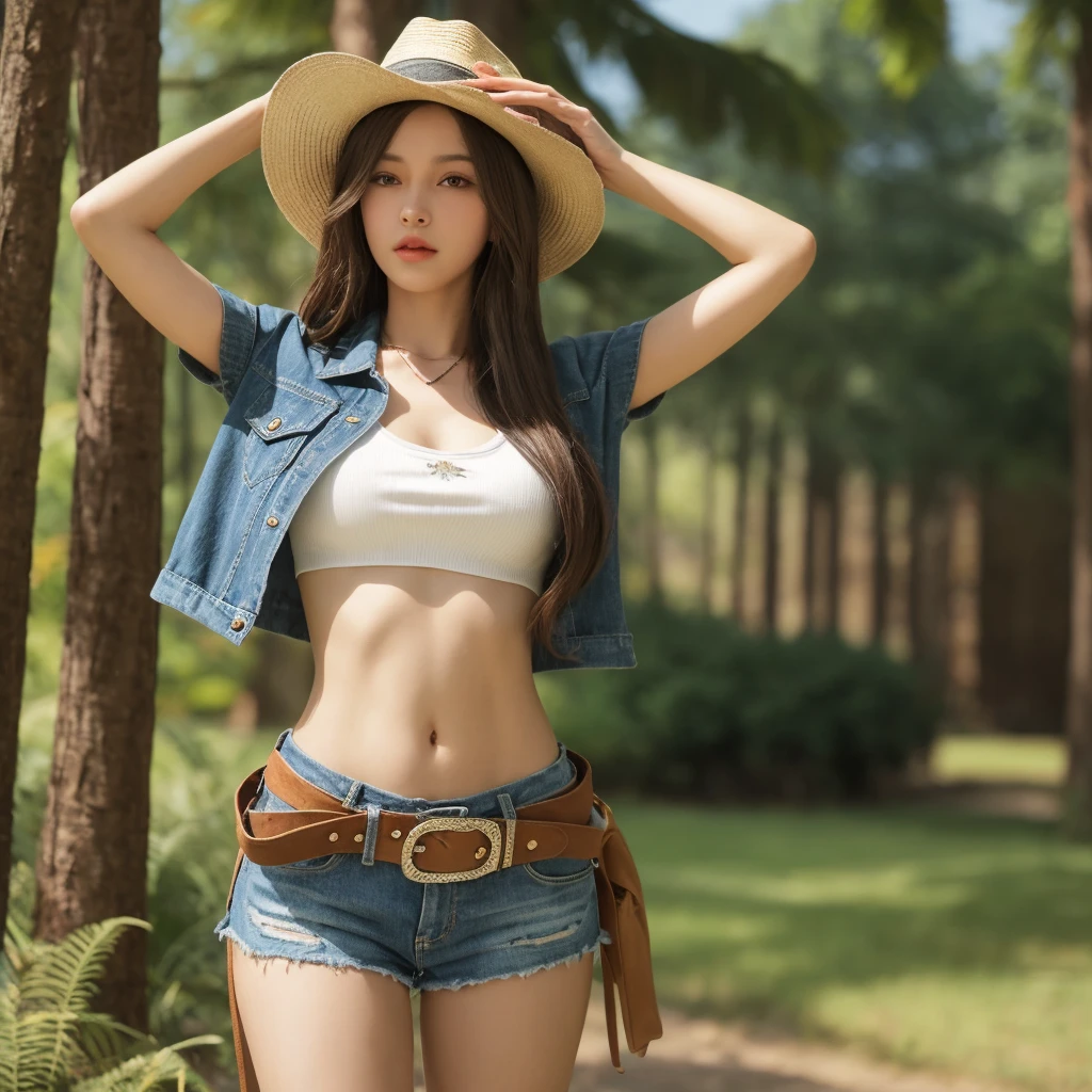 a close up of a woman wearing a cowboy hat and jeans, cowgirl sexy bra, (sexy figure), cowgirl, western cowgirl, cow-girl, with straw hat, beautiful alluring anime woman, photorealistic, big-medium breast, (sexy waist), beautiful cowboy witch, female cowgirl, very sexy outfit, sexy girl, seductive girl, guweiz masterpiece, (sexy look) (masterpiece), (best quality), (8k), (highly detailed)