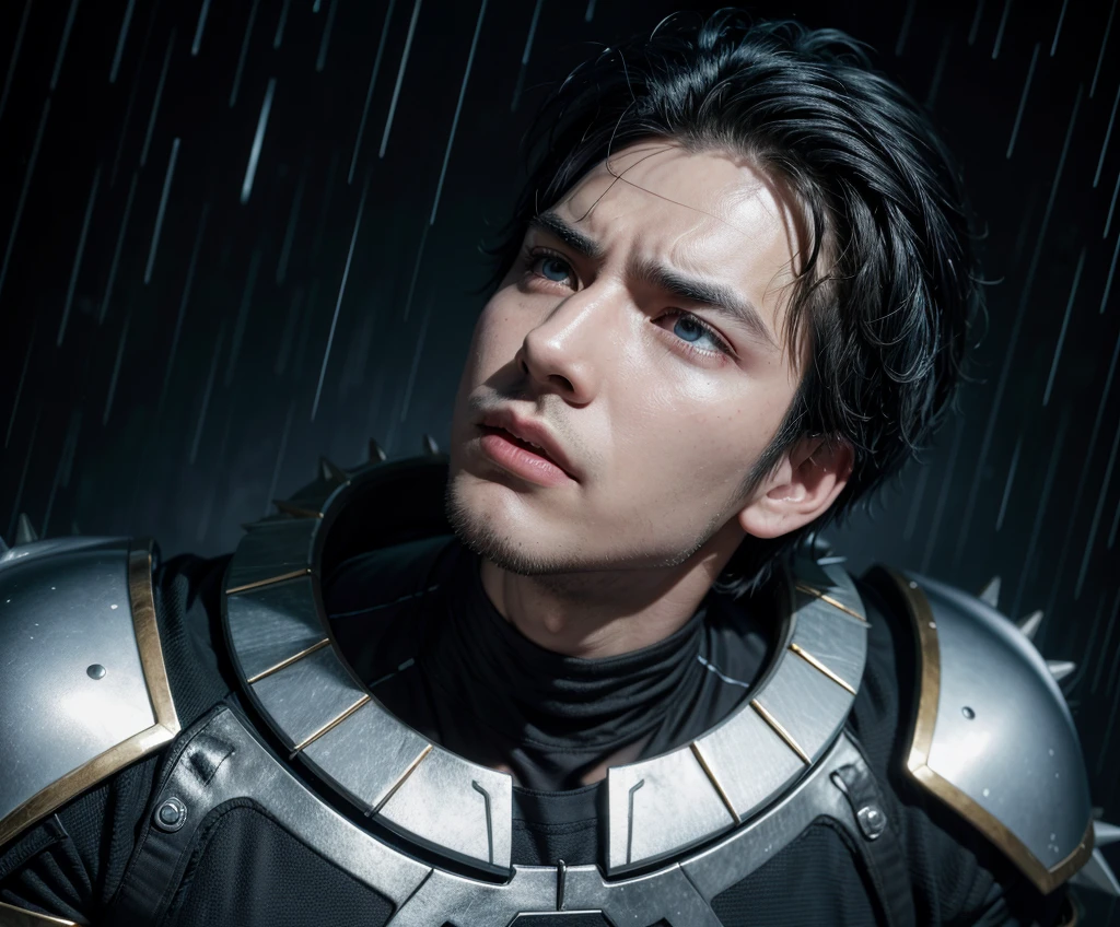 Man looking up with a serious expression as rain falls on his face, spiky black hair, tight blue shirt, futuristic white armor with gold details.