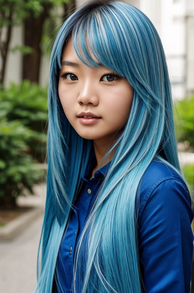 Asian girl, blonde hair, blue highlights, long hair, pretty,