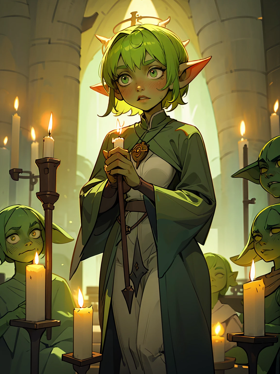 1 girl, short hair, green goblin girl, green skin, small pointy ears, priestess dressed in white, pious, lighting a candle in a cathedral, candlelit, warm lighting, soft lighting, reverent