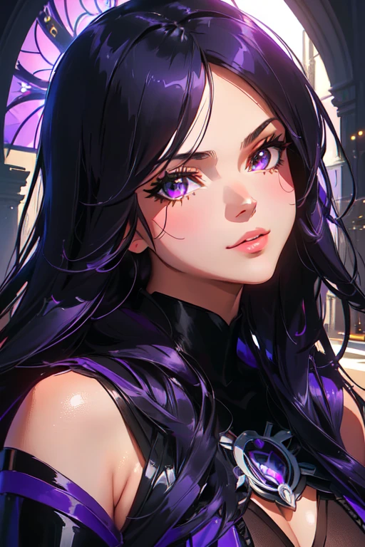 a close up of a woman (( Ravena teen titans))with a black and purple outfit, thick, commission for high resolution, inside an abandoned cathedral, 极其详细的Artgerm, cassandra cain in satin, highly detailed exquisite fanart, Ilya Kuvshinov. 4K, pose sexy, High-quality, detailed artwork in 8K, 8k art german bokeh, portrait of Ravenna, fofosexyrobutts