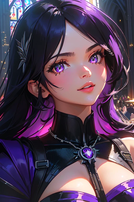 a close up of a woman (( Ravena teen titans))with a black and purple outfit, thick, commission for high resolution, inside an abandoned cathedral, 极其详细的Artgerm, cassandra cain in satin, highly detailed exquisite fanart, Ilya Kuvshinov. 4K, pose sexy, High-quality, detailed artwork in 8K, 8k art german bokeh, portrait of Ravenna, fofosexyrobutts