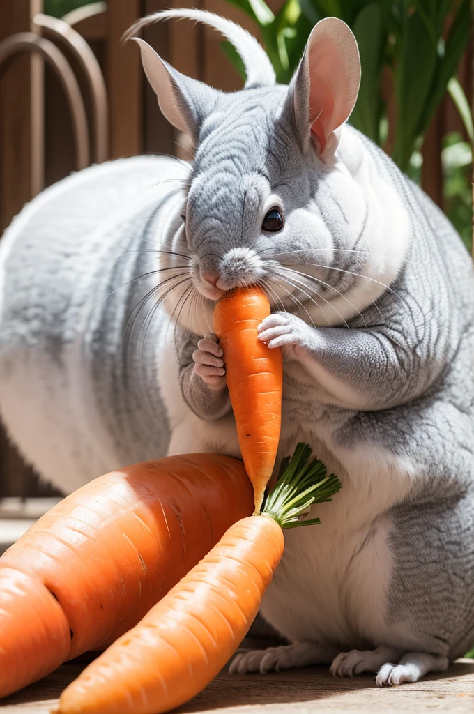White chinchilla eating a giant carrot.
