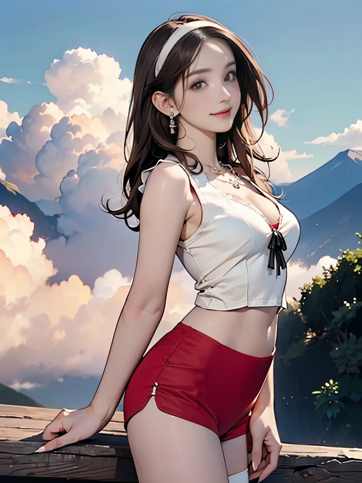 ((((Highest quality))))、(((Ultra-precision CG16K wallpaper)))、(((masterpiece)))、(((Super detailed)))、(((Extreme detail)))、((１Mature 29 year old woman:1.6))、((Very beautiful Japan face of a person))、((Urizane Face:1.8))、((Medium Straight Hair:1.8))、(Shiny Hair)、A delicately drawn beautiful face、Dark Eyes、double eyelid、High nose、Small nostrils、Small Mouth、Seductive lips、Beautiful breasts、((C cup size breasts))、Cleavage、Small belly button、Beautiful feet、Thin thighs、eight-headed body、Perfect proportions、Perfect Anatomy、Perfect composition、Beautiful detailed shading、Beautiful, natural lighting、Beautiful detail glow、Depth of written boundary、(((High chroma)))、(((Real:1.9)))、((vivid:1.5))、((Beautiful Skin))、((Skin Texture))、((Realな皮膚感))、(((Cowboy Shot:1.6)))、(((front view、shoot from front、front low angle:1.6)))、(((smile:1.4)))、((looking at viewer:1.6))、Bright daylight、Natural light、(((plateau、Mountain、cloud:1.5)))、(Walking pose:1.6)、(((Cream ivory sleeveless open collar shirt&Red low rise yoga shorts:1.6)))、((hair band、necklace、Wearing earrings:1.5))、((Lace Stockings Clothed:1.3))、