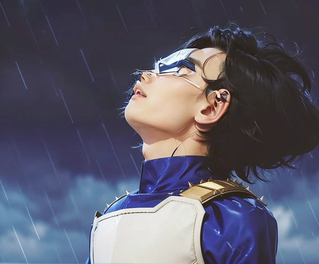 Man looking up with a serious expression as rain falls on his face, spiky black hair, tight blue shirt, futuristic white armor with gold details.