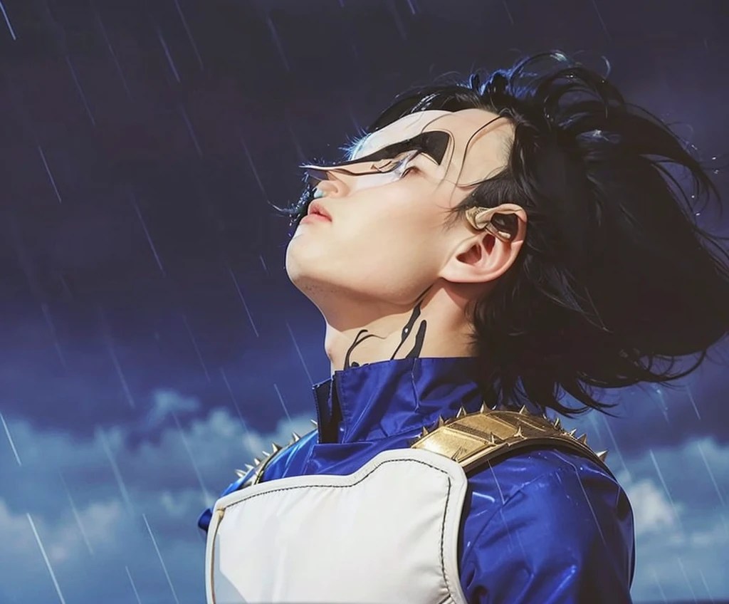 Man looking up with a serious expression as rain falls on his face, spiky black hair, tight blue shirt, futuristic white armor with gold details.
