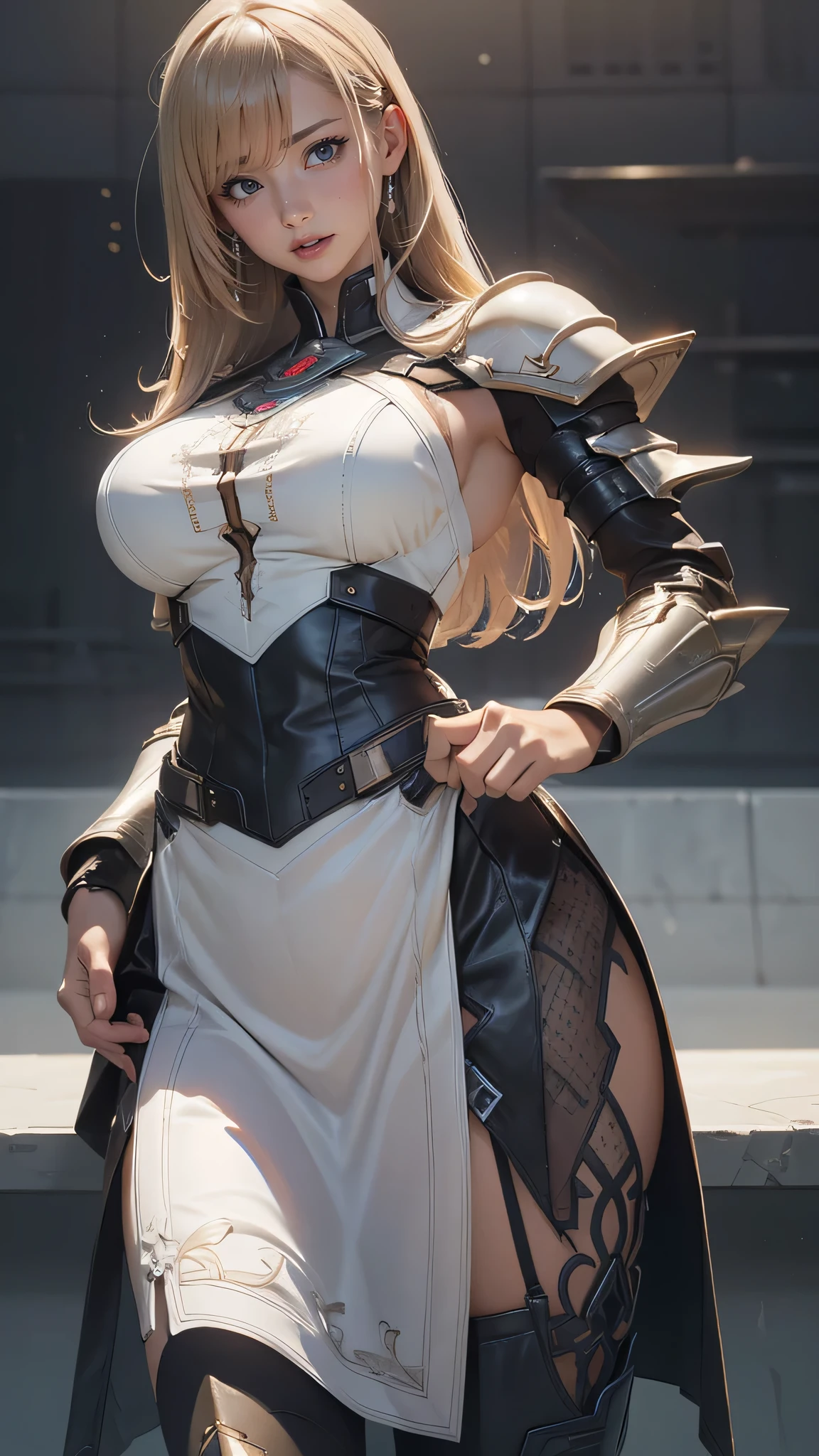 (dynamic fighting pose),(leather boots,(asymmetrical mecha armor),(long embroidered white lace dress,see through,lift up the hem of the dress)),(random hairstyle),(Thin type:1.5),(large breasts:1.5),(Highest image quality,(8K), Ultra-realistic, Best Quality, High quality, High Definition, high quality texture, high detailing, Beautiful detailed, fine detailed, extremely details CG, Detailed texture, realistic representation of face, masterpiece, presence)