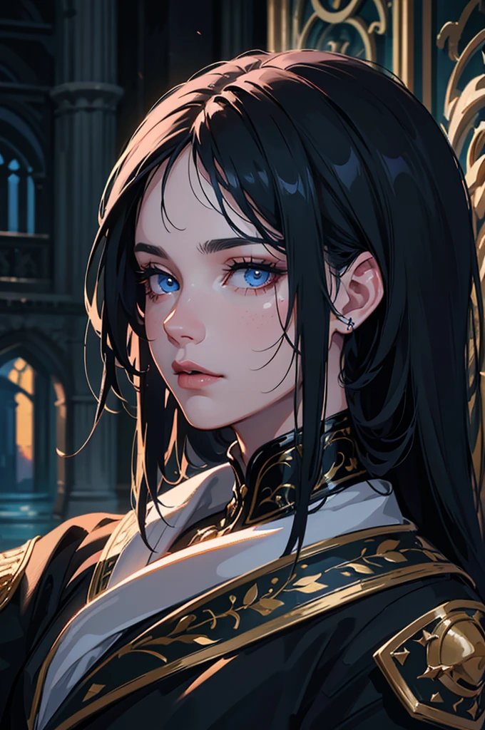 a young magician with long black hair, dark blue eyes, wearing blue and black magician clothes, intellectual and cold personality, standing in a medieval city background, beautiful detailed eyes, beautiful detailed lips, extremely detailed face, long eyelashes, (best quality,4k,8k,highres,masterpiece:1.2),ultra-detailed,(realistic,photorealistic,photo-realistic:1.37),digital art, fantasy art, cinematic lighting, moody colors, dramatic shadows