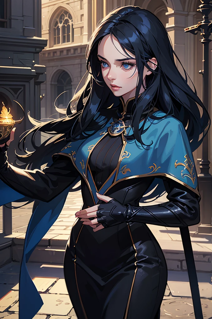 a young magician with long black hair, dark blue eyes, wearing blue and black magician clothes, intellectual and cold personality, standing in a medieval city background, beautiful detailed eyes, beautiful detailed lips, extremely detailed face, long eyelashes, (best quality,4k,8k,highres,masterpiece:1.2),ultra-detailed,(realistic,photorealistic,photo-realistic:1.37),digital art, fantasy art, cinematic lighting, moody colors, dramatic shadows