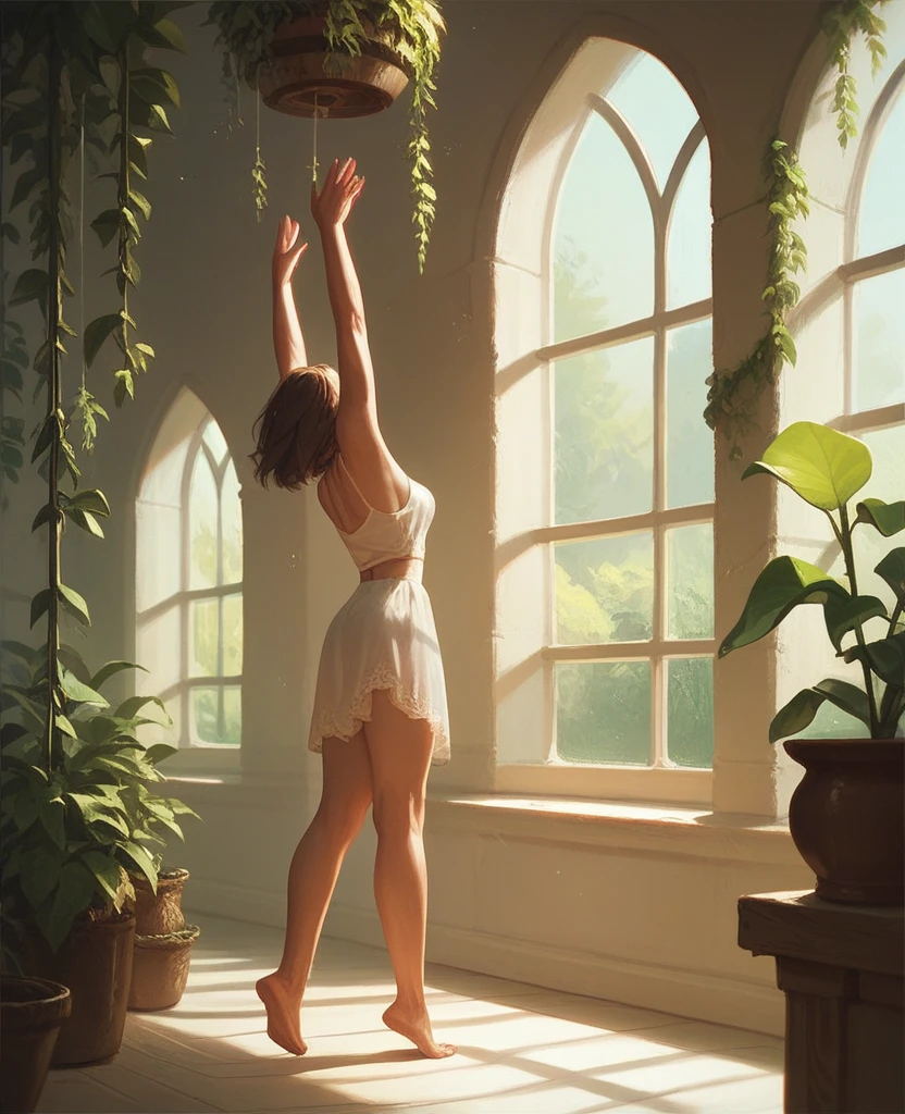 A woman standing in her room, With your hands raised in the air, in a moment of happy prayer and gratitude to God. She is surrounded by green plants, and the room is cozy and lit by a soft light. The woman&#39;s face expresses serenity and joy, reflecting your devotion and happiness."
