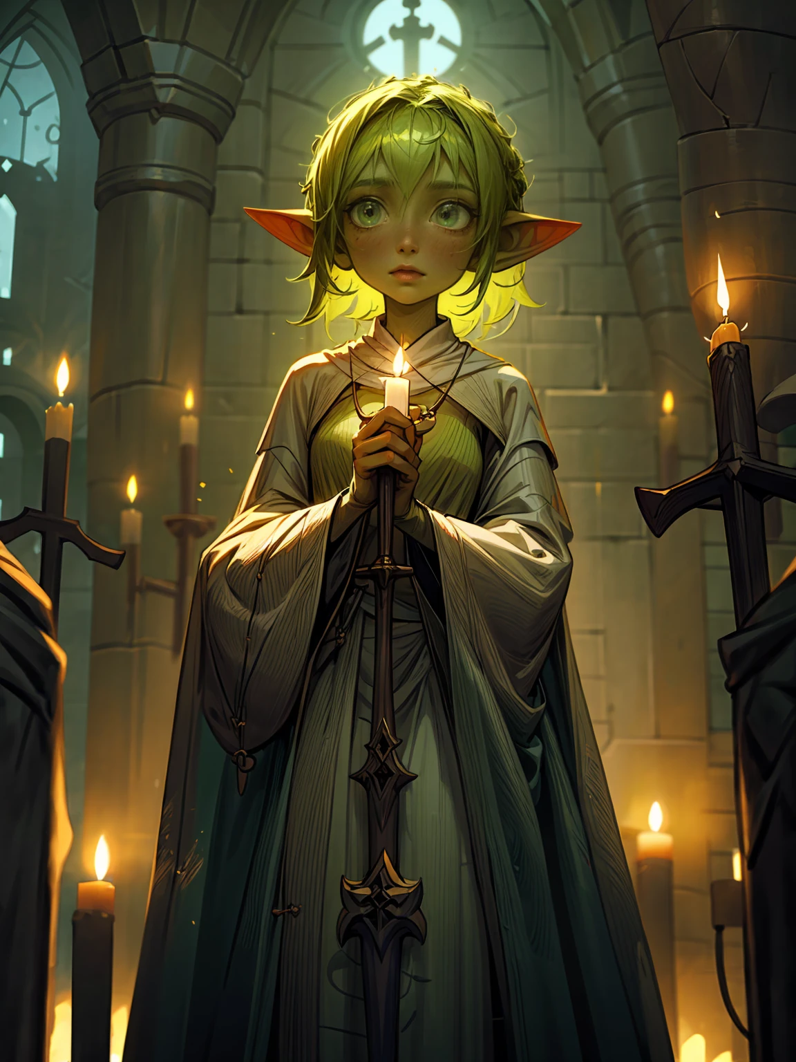 1 girl, green goblin girl, green skin, small pointy ears, priestess dressed in white, pious, lighting a candle in a cathedral, candlelit, warm lighting, soft lighting, reverent