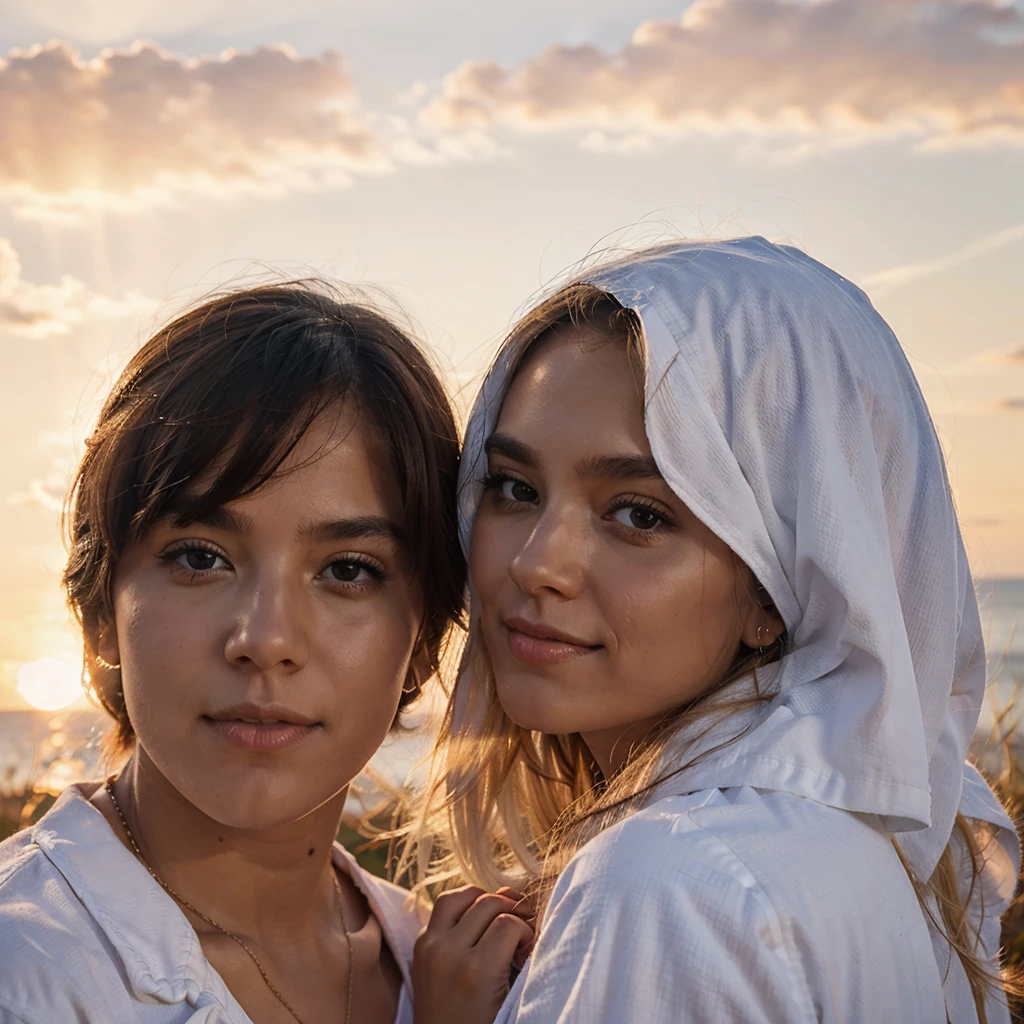 A couple, white clothes, sunset background 