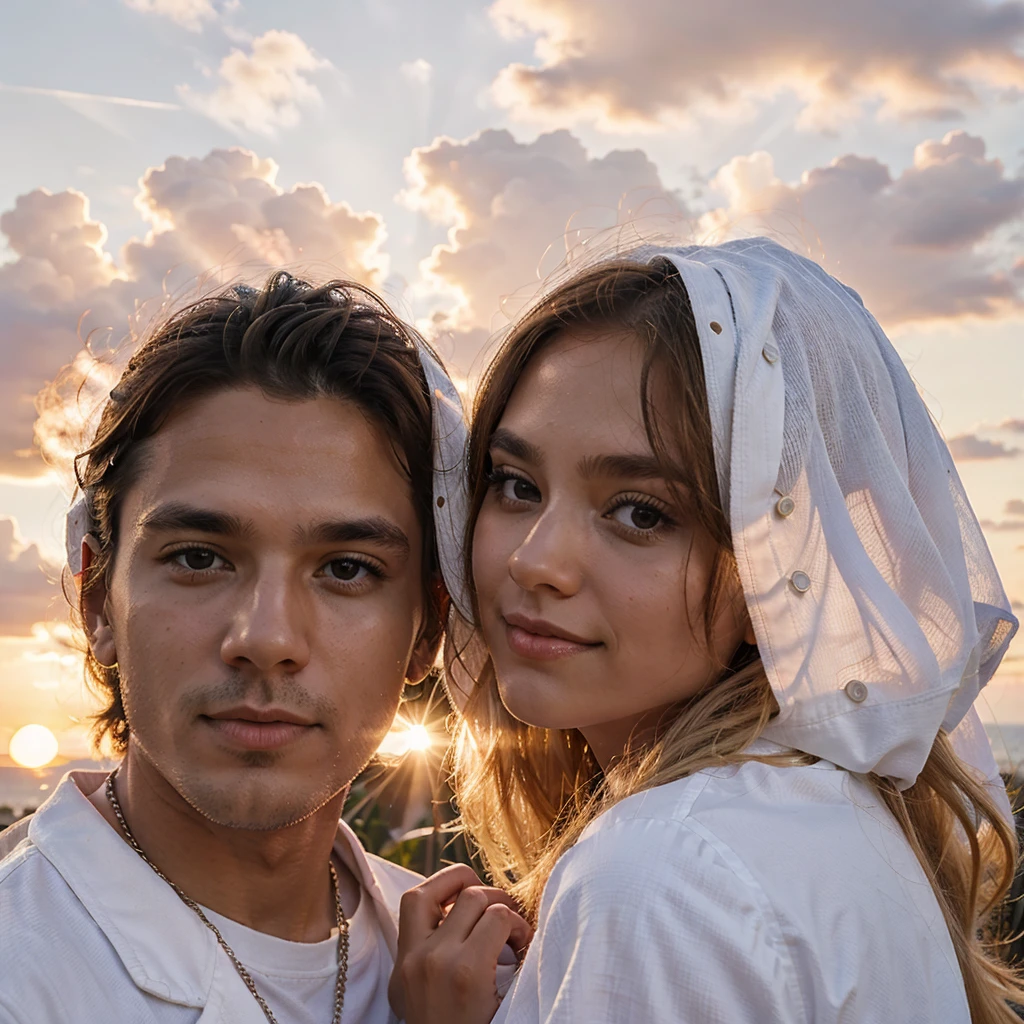 A couple, white clothes, sunset background