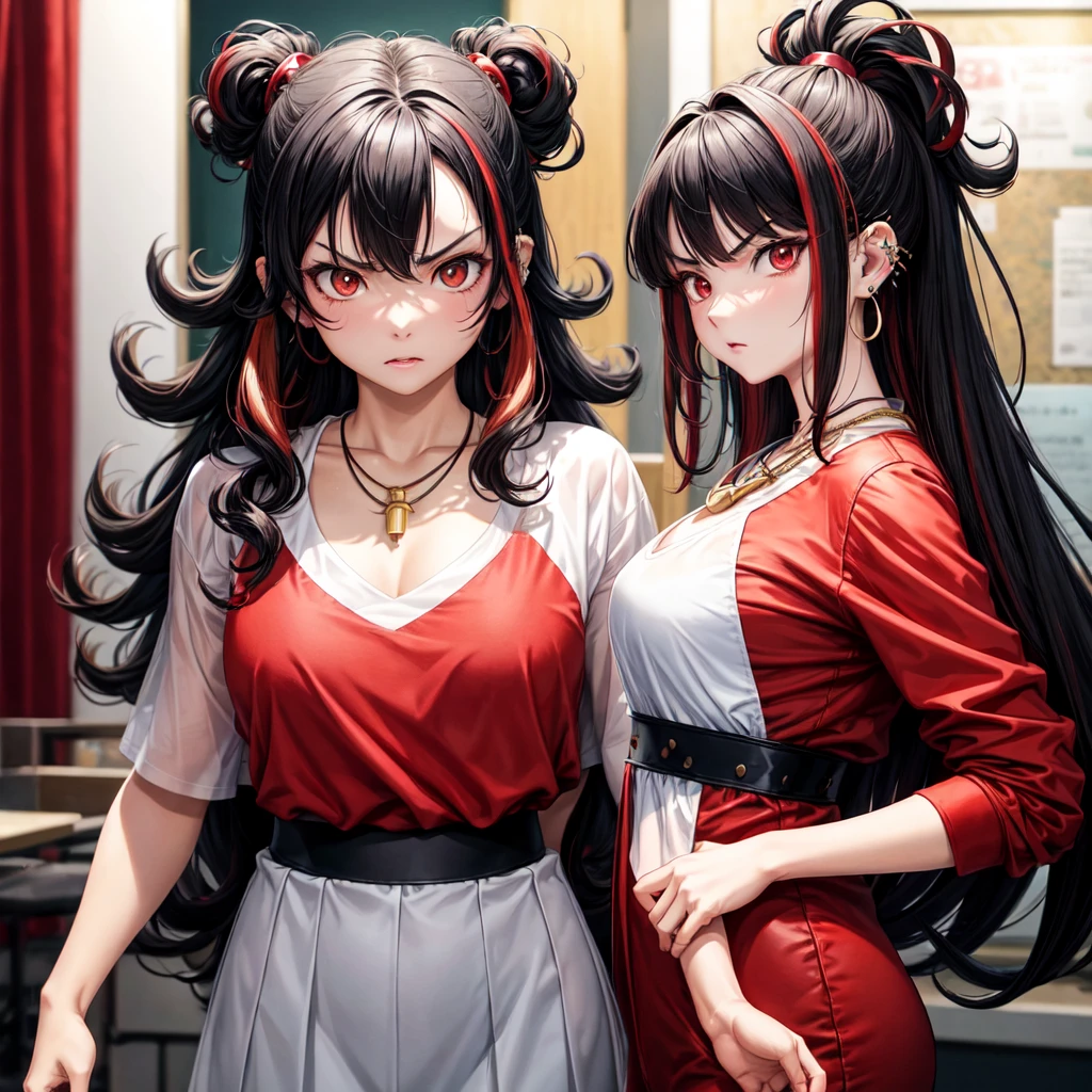 anime panel,upper body, 1girl solo,Korean, black hair,curly hair, with red highlights , red slanted eyes, casual clothes, necklace, ear piercings, room background , angry , looking at the viewer