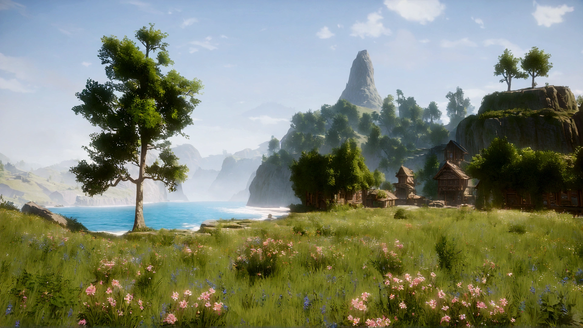 there is a small tree in the middle of a field, summer unreal engine 5, villages , unreal engine, hyper-realistic environment, highly detailed environment, beautiful environment, unreal engine screenshot, beautiful screenshot, unreal engine 5 4 k uhd image, realistic fantasy render, unreal 6 breathtaking detailed, cryengine 8 k, rendered in cryengine