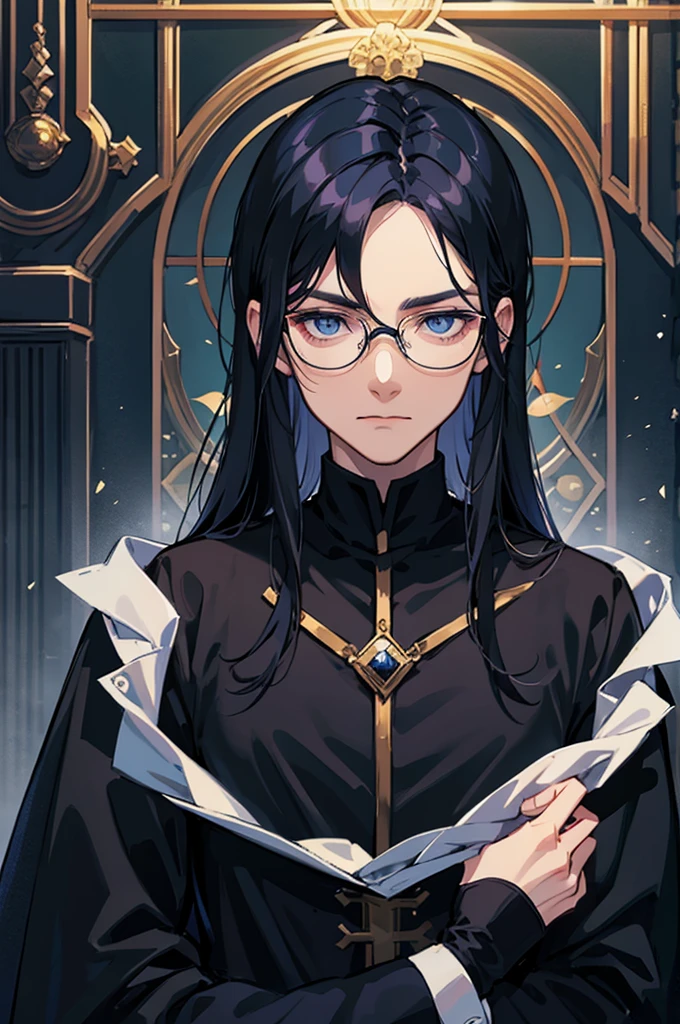 Man with glasses, magician with long black hair, dark blue eyes, wears blue with black magician clothes, young magician, intellectual, cold personality, medieval city background.